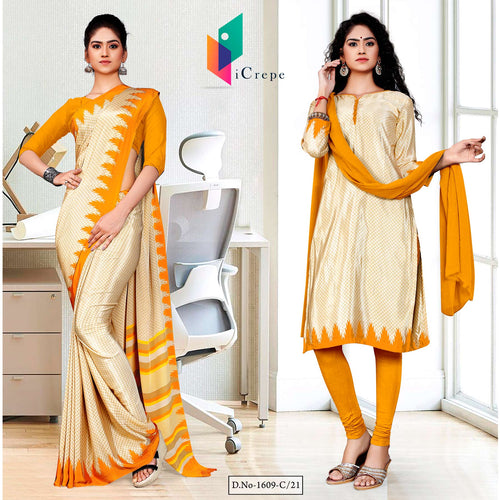 Beige Musterd Premium Italian Silk Crepe Uniform Sarees Salwar Combo For School Teachers  Beige Musterd Premium Italian Silk Crepe Uniform Sarees Salwar Combo For School Teachers