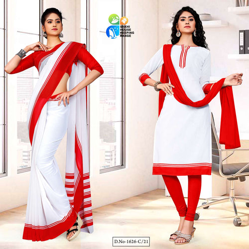 Red White Premium Georgette Mother Teresa Hospital Uniform Sarees Salwar Combo For Aayah Bai Staff  Red White Premium Georgette Mother Teresa Hospital Uniform Sarees Salwar Combo For Aayah Bai Staff
