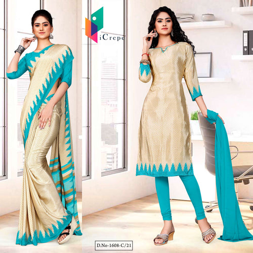 Beige Sea Green Premium Italian Silk Crepe Saree Salwar Combo For Jelwellery Showroom Uniform  Beige Sea Green Premium Italian Silk Crepe Saree Salwar Combo For Jelwellery Showroom Uniform