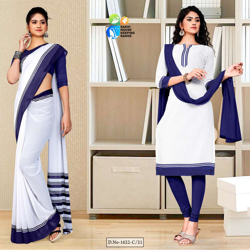 Navy Blue White Premium Georgette Mother Teresa Hospital Uniform Sarees Salwar Combo For Office Staff  Navy Blue White Premium Georgette Mother Teresa Hospital Uniform Sarees Salwar Combo For Office Staff