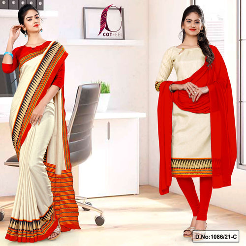 Beige Red Women's Premium Manipuri Cotton Uniform Sarees Salwar Combo For School Teachers  Beige Red Women's Premium Manipuri Cotton Uniform Sarees Salwar Combo For School Teachers