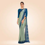 Pistachio and Peacock Blue Women's Premium Silk Chiffon Plain Gaala Border Receptionist Uniform Saree Pistachio and Peacock Blue Women's Premium Silk Chiffon Plain Gaala Border Receptionist Uniform Saree