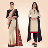 Beige and Navy Blue Women's Premium Manipuri Cotton Plain Gaala Border Housekeeping Uniform Saree Salwar Combo Beige and Navy Blue Women's Premium Manipuri Cotton Plain Gaala Border Housekeeping Uniform Saree Salwar Combo