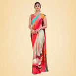 Peach and Navy Blue Women's Premium Italian Silk Digital Print Uniform Sarees for Institutions With Blouse Piece Peach and Navy Blue Women's Premium Italian Silk Digital Print Uniform Sarees for Institutions With Blouse Piece