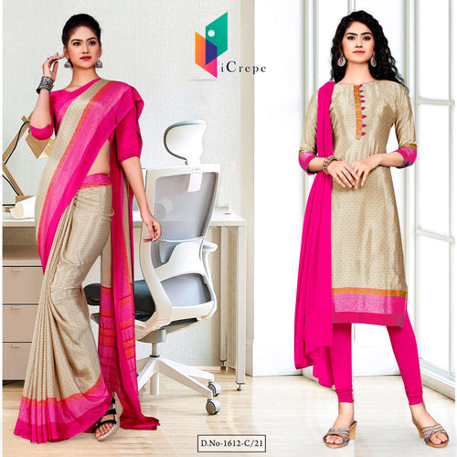 Beige Dark Pink Premium Italian Silk Crepe Saree Salwar Combo For Receptionist Uniform  Beige Dark Pink Premium Italian Silk Crepe Saree Salwar Combo For Receptionist Uniform