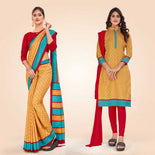 Aqua Blue and Pink Women's Premium Manipuri Cotton Small Butty Receptionist Uniform Saree Salwar Combo Aqua Blue and Pink Women's Premium Manipuri Cotton Small Butty Receptionist Uniform Saree Salwar Combo