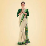 Beige and Bottle Green Women's Premium Manipuri Cotton Plain Gaala Border Front Office Uniform Saree Beige and Bottle Green Women's Premium Manipuri Cotton Plain Gaala Border Front Office Uniform Saree