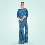 Cobalt Blue Women's Premium Silk Chiffon Ikat Print Women's Uniform Saree Cobalt Blue Women's Premium Silk Chiffon Ikat Print Women's Uniform Saree