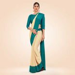 Beige and Bottle Green Women's Premium Silk Chiffon Plain Gaala Border Industrial Uniform Sarees With Blouse Piece Beige and Bottle Green Women's Premium Silk Chiffon Plain Gaala Border Industrial Uniform Sarees With Blouse Piece