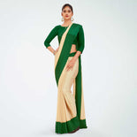 Beige and Bottle Green Women's Premium Silk Chiffon Plain Gaala Border Industrial Uniform Sarees With Blouse Piece Beige and Bottle Green Women's Premium Silk Chiffon Plain Gaala Border Industrial Uniform Sarees With Blouse Piece