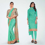 Turquoise Women's Premium Mulberry Silk Plain Gaala Border Taj Hotel Uniform Saree Salwar Combo Turquoise Women's Premium Mulberry Silk Plain Gaala Border Taj Hotel Uniform Saree Salwar Combo