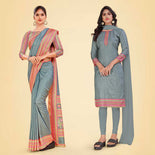 Grey Women's Premium Mulberry Silk Plain Gaala Border Factory Uniform Saree Salwar Combo Grey Women's Premium Mulberry Silk Plain Gaala Border Factory Uniform Saree Salwar Combo