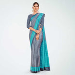 Grey and Turquoise Women's Premium Mulberry Silk Small Butty Hospital Uniform Saree Grey and Turquoise Women's Premium Mulberry Silk Small Butty Hospital Uniform Saree