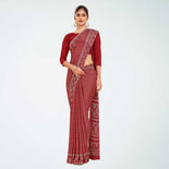 Cobalt Blue Women's Premium Silk Chiffon Ikat Print Women's Uniform Saree Cobalt Blue Women's Premium Silk Chiffon Ikat Print Women's Uniform Saree