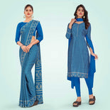 Cobalt Blue Women's Premium Silk Chiffon Ikat Print Women's Uniform Saree Salwar Combo Cobalt Blue Women's Premium Silk Chiffon Ikat Print Women's Uniform Saree Salwar Combo