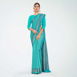 Grey and Turquoise Women's Premium Mulberry Silk Small Butty Hospital Uniform Saree Grey and Turquoise Women's Premium Mulberry Silk Small Butty Hospital Uniform Saree