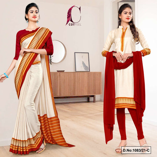Beige Marron Women's Premium Manipuri Cotton Uniform Sarees Salwar Combo For Student Uniform  Beige Marron Women's Premium Manipuri Cotton Uniform Sarees Salwar Combo For Student Uniform