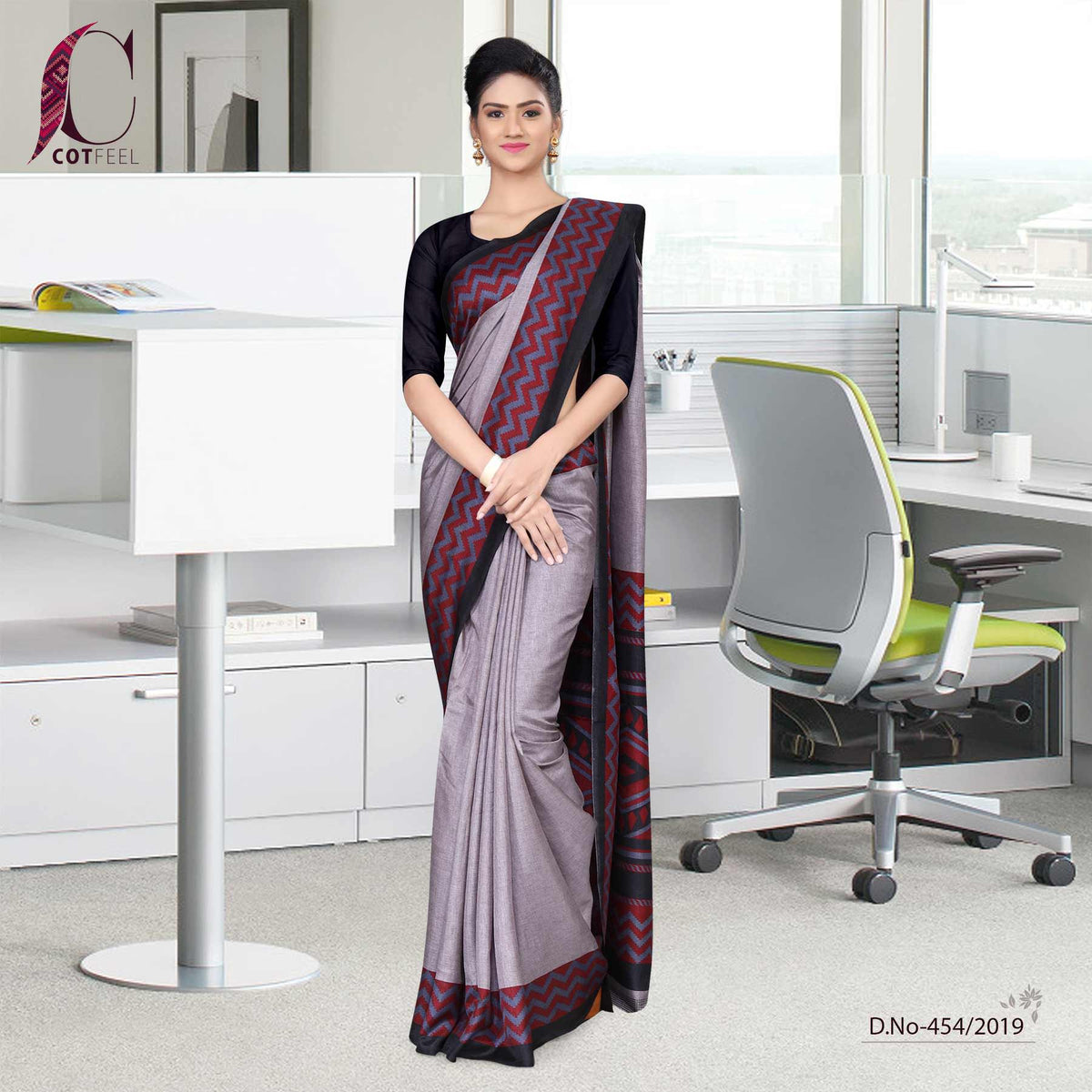 Grey And Black Tripura Cotton Corporate Uniform Saree Uniform Sarees