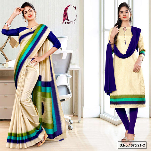 Beige Navy Blue Women's Premium Manipuri Cotton Uniform Sarees Salwar Combo For Hotel Uniform  Beige Navy Blue Women's Premium Manipuri Cotton Uniform Sarees Salwar Combo For Hotel Uniform