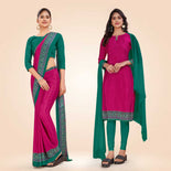 Blue and Navy Blue Women's Premium Italian Silk Plain Gaala Border Anganwadi Uniform Saree Salwar Combo Blue and Navy Blue Women's Premium Italian Silk Plain Gaala Border Anganwadi Uniform Saree Salwar Combo