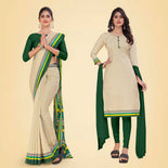 Beige and Black Women's Premium Manipuri Cotton Plain Gaala Border Anganwadi Workers Uniform Saree Salwar Combo Beige and Black Women's Premium Manipuri Cotton Plain Gaala Border Anganwadi Workers Uniform Saree Salwar Combo