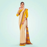 Beige and Turquoise Women's Premium Italian Silk Discipline Day Anganwadi Uniform Saree Beige and Turquoise Women's Premium Italian Silk Discipline Day Anganwadi Uniform Saree