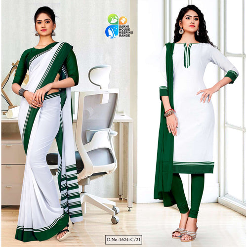 Bottle Green White Premium Georgette Mother Teresa Hospital Uniform Sarees Salwar Combo For Support Staff  Bottle Green White Premium Georgette Mother Teresa Hospital Uniform Sarees Salwar Combo For Support Staff