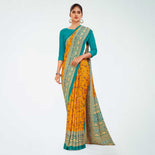 Turquoise and Navy Blue Women's Premium Italian Silk Floral Print College Uniform Saree Turquoise and Navy Blue Women's Premium Italian Silk Floral Print College Uniform Saree