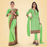 Baby Pink and Bottle Green Women's Premium Silk Chiffon Small Butty Office Uniform Saree Salwar Combo Baby Pink and Bottle Green Women's Premium Silk Chiffon Small Butty Office Uniform Saree Salwar Combo