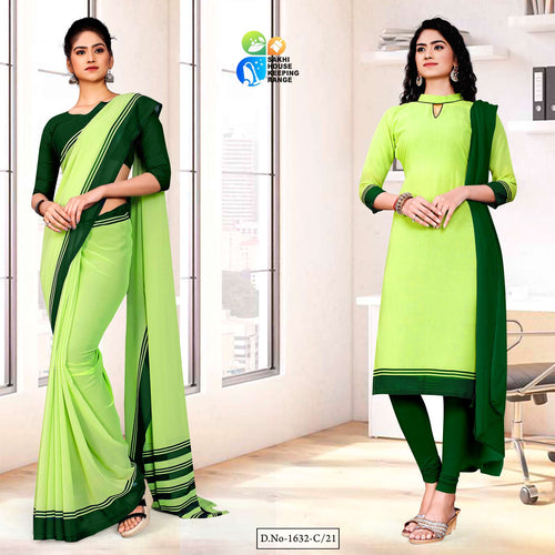 Light Green Premium Georgette Plain Border Housekeeping Uniform Sarees Salwar Combo For Workers Staff  Light Green Premium Georgette Plain Border Housekeeping Uniform Sarees Salwar Combo For Workers Staff