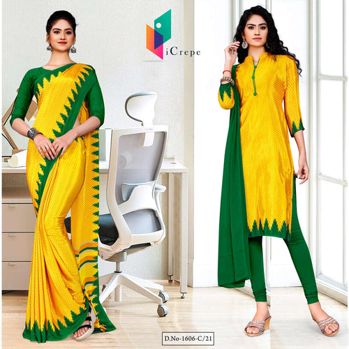 Yellow Gold Green Small Print Premium Italian Silk Crepe Saree Salwar Combo For Hotel Uniform  Yellow Gold Green Small Print Premium Italian Silk Crepe Saree Salwar Combo For Hotel Uniform