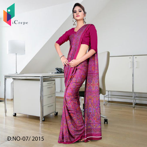 Magenta Women's Premium Italian Crepe Paisley Print Teachers Uniform Sarees With Blouse Piece