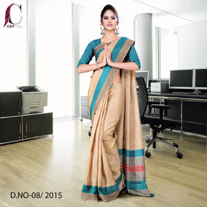 Beige and Green Women's Premium Manipuri Cotton School Teacher Uniform Sarees With Blouse Piece