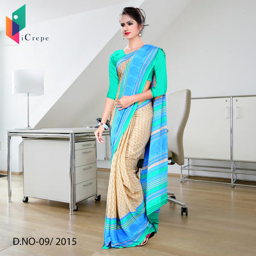 Beige and Green Women's Premium Italian Crepe Housekeeping Uniform Sarees With Blouse Piece