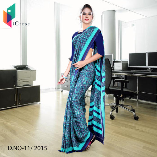 Navy Blue Women's Premium Italian Crepe Paisley Print Hospital Uniform Sarees With Blouse Piece