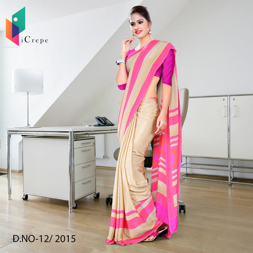 Beige and Pink Women's Premium Italian Crepe Airlines Uniform Sarees With Blouse Piece