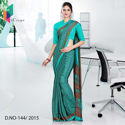 Green With Brown Border Women's Premium Italian Crepe Office Staff Uniform Saree With Blouse Piece