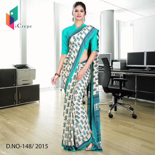 Cream With Green Border Women's Premium Italian Crepe Jewelry Showroom Uniform Saree With Blouse Piece