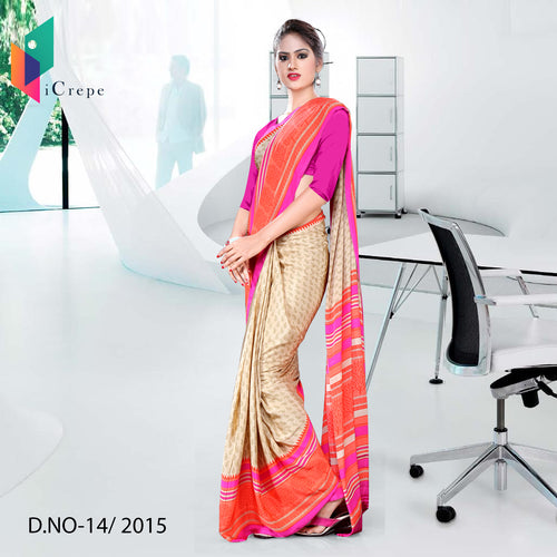 Beige and Pink Women's Premium Italian Crepe Showroom Uniform Sarees With Blouse Piece