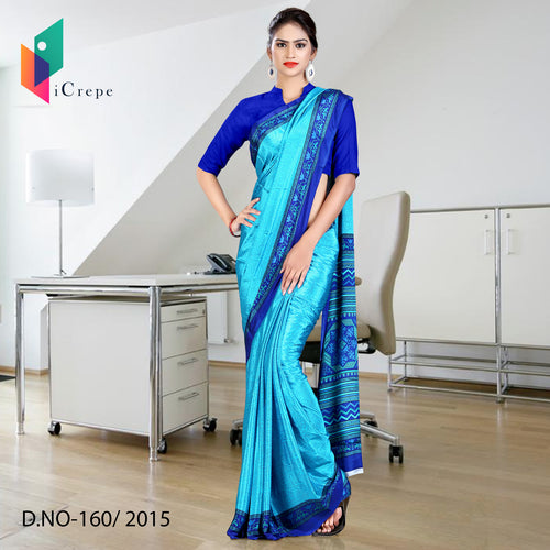 Sky Blue With Dark Blue Border Women's Premium Italian Crepe Staff Uniform Saree With Blouse Piece