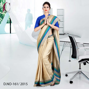 Beige With Blue Border Women's Premium Tripura Cotton Teachers Uniform Saree With Blouse Piece