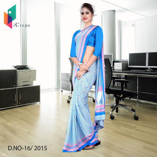 White and Blue Women's Premium Italian Crepe Hospital Uniform Sarees With Blouse Piece