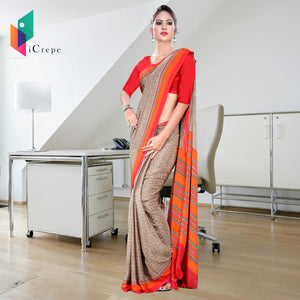 Brown and Orange Women's Premium Italian Crepe Jewellery Showroom Uniform Sarees With Blouse Piece