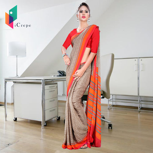 Brown and Orange Women's Premium Italian Crepe Jewellery Showroom Uniform Sarees With Blouse Piece