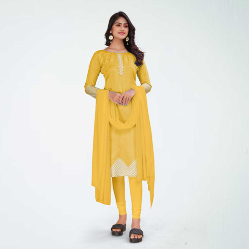 Yellow Women's Premium Mulberry Silk Plain Gaala Border Institution Uniform Salwar Kameez