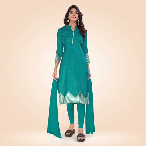 Turquoise Women's Premium Mulberry Silk Plain Gaala Border College Uniform Salwar Kameez