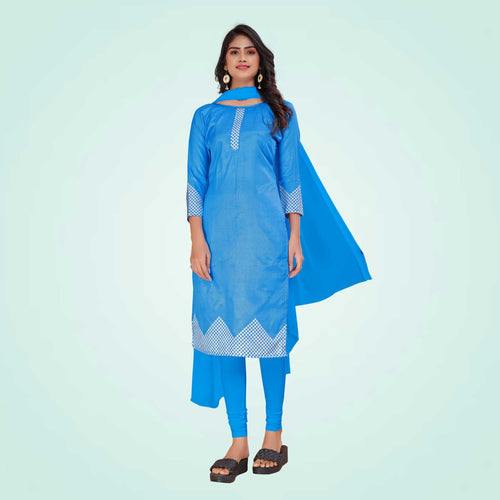 Sky Blue Women's Premium Mulberry Silk Plain Gaala Border SchoolUniform Salwar Kameez