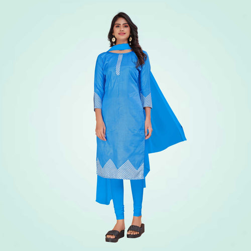 Turquoise Women's Premium Mulberry Silk Plain Gaala Border College Uniform Salwar Kameez