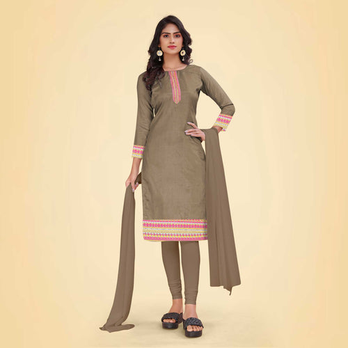 Brownish Grey Women's Premium Mulberry Silk Plain Gaala Border PTM Uniform Salwar Kameez