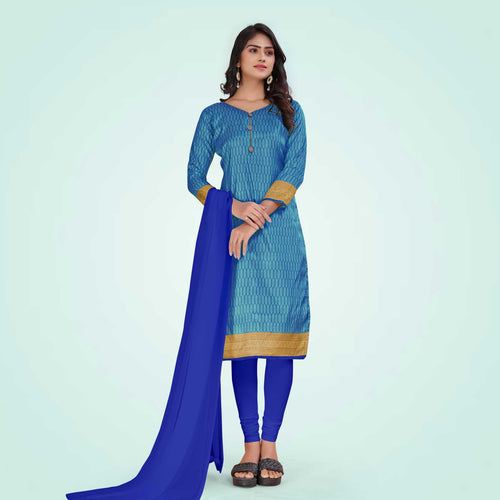 Turquoise and Grey Women's Premium Mulberry Silk Small Butty Students Uniform Salwar Kameez